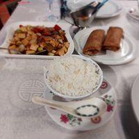 Ma po tofu,  spring rolls and rice. at Great World in Gran Canaria