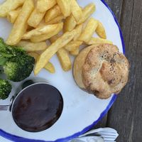 Mushroom and ale pie (vegan chips are oven baked)  at Old Five Bells in Burnham