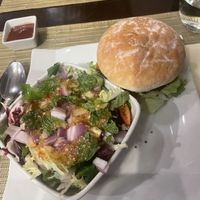 Burger with side salad  at Fusion in Gran Canaria