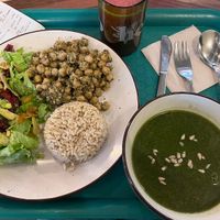 Meal of the day with chickpeas, rice, salad, soup and fresh juice  at Herbívoro -  Av. Suba in Bogota