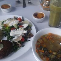 Quinoa soup
Falafel, rice and salad
Feiejo juice 
Panela sweetener  at Herbívoro -  Av. Suba in Bogota