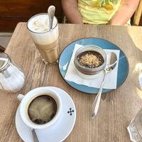 Hazelnut Chocolate Panna cotta and soy latte   at Edina Café in Cavalaire-sur-mer