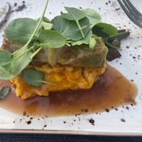 Cabbage stuffed with “beef” on a bed of mashed potatoes   at Villa Vegana in Mallorca