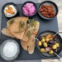 A sampling of Scandinavian night. Pickled eggplant “herring” and carrot “smoked salmon” schmear and a tomato/almond chorizo. This was so creative and outstanding    at Villa Vegana in Mallorca