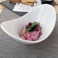 Starter: Pickled eggplant herring salad with beetroot, pickles & apples at Villa Vegana in Mallorca