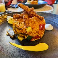 Paella with Mushroom-Calamares  at Villa Vegana in Mallorca