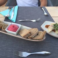 Beetroot aioli with farmers bread, pieroggi stuffed with sauerkraut  at Villa Vegana in Mallorca