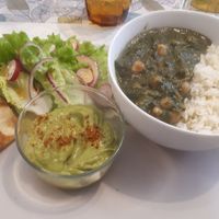 Guacamole at Curry of spinach with chickpeas and rice at Cafe des Petits Mains in Uzes