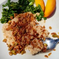 Miso peach oatmeal for brunch at aíso in San Francisco