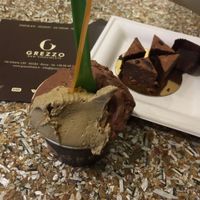 Chocolate and pistachio gelato, raw chocolate brownie, 80% truffle at Grezzo Raw Chocolate in Rome