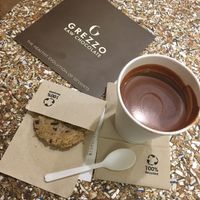 Chocolate cookie and hot chocolate at Grezzo Raw Chocolate in Rome