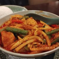 Kaeng Phed red curry - what looks like chicken is tofu at Krua Buppha in Amsterdam