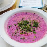 cold vegan yoghurt and beetroot soup with fresh herbs at Wypas in Poznan