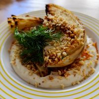 Grilled cabbage on a hummus bed at Ziomal in Poznan