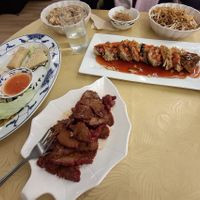 Char siu pork and yellow fish in sweet and sour sauce at Hey Hey Vegan Cuisine in Sale