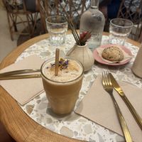 Iced coffee and vegan cookie  at Brunch & Cake in Barcelona