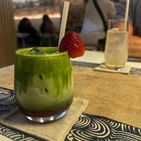 Matcha milk with strawberry pureee  at Towzen - Sydney in Sydney