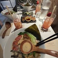 Si Chuan Tan Tan Men, gyoza, okra, miso soup (not pictured) and sparkling strawberry soda. All AMAZING!!  at Towzen - Sydney in Sydney