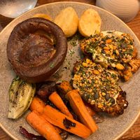Roast cauliflower (the Yorkshire pudding is NOT vegan).  at The Red Deer in Horsham