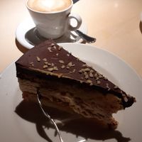 Snickers cake & cappuccino at Vegan Restoran V in Tallinn