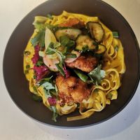Fried cauliflower on curry tagliatelle at Vegan Restoran V in Tallinn