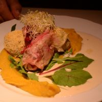 White Bean Potato Balls & Couscous Cabbage Rolls with Carrot and Celery Root Puree and Mustard Sauce at Vegan Restoran V in Tallinn