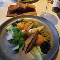 Vegan "fish & chips" - breaded tofish, potato & cheese croquettes, tartar sauce,
green pea & mint mash at Vegan Restoran V in Tallinn