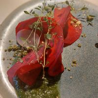 Beetroot with cashew cheese filling and pesto sauce at Vegan Restoran V in Tallinn
