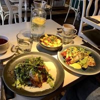 Lasagna, tacos, pommes frites with cheese sauce  at Vegan Restoran V in Tallinn