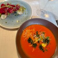Beetroot ravioli and tomato soup  at Vegan Restoran V in Tallinn