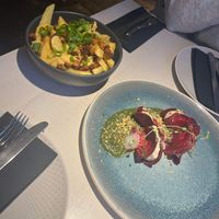 Beetroot ravioli and chips for starters  at Vegan Restoran V in Tallinn