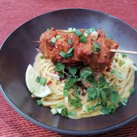 Noodles with soy skewers at Vegan Restoran V in Tallinn