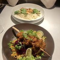 Rizotto and soy scewers with noodles  at Vegan Restoran V in Tallinn