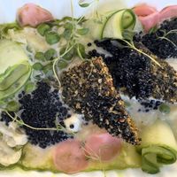 Breaded tofu, mashed potatoes, cauliflower and peas  at Vegan Restoran V in Tallinn