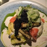 🍽️ Crispy breaded tofu with hemp seeds, mashed potatoes, cauliflower and peas in a white wine sauce  - (14€) at Vegan Restoran V in Tallinn