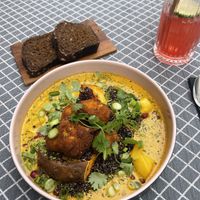 Sweetpotato with Quinoa, Mango/ Curry/ Coconut sauce 🥵  at Vegan Restoran V in Tallinn