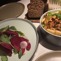 Beetroot ravioli & chips with smoked tofu & cheese sauce   at Vegan Restoran V in Tallinn