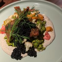 It's a must! Tofish pea-tarragon mash, warm vegetable salad with vegan  caviar and miso-yogurt-mayonnaise sauce at Vegan Restoran V in Tallinn
