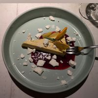 Yummy!  Ice-cold orange cake with blackberry mulled wine sauce and meringue at Vegan Restoran V in Tallinn