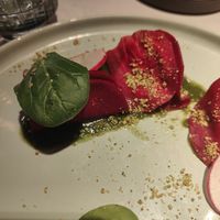 Beetroot ravioli with cashew sheese starter at Vegan Restoran V in Tallinn