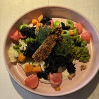 Tofish with vegan caviarr  at Vegan Restoran V in Tallinn