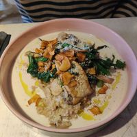 Risotto with king oyster mushrooms & artichoke chips at Vegan Restoran V in Tallinn