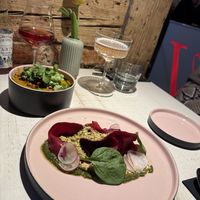 Pumpkin soup. Beetroot with cashew cream.  at Vegan Restoran V in Tallinn