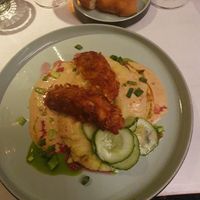 "Chicken" strips with potato puree and sun dried tomato sauce. at Vegan Restoran V in Tallinn
