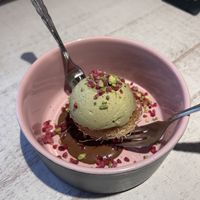 Dubai dessert - pistachio ice cream and kataifi   at Vegan Restoran V in Tallinn