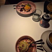 Blood orange ice cake (top), Dubai dessert (bottom) at Vegan Restoran V in Tallinn