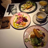 Lentil lasagna (top), BBQ skewer (middle), Breaded chicken (bottom) at Vegan Restoran V in Tallinn