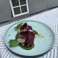 Redbeet “ravioli” with cashew cream cheese  at Vegan Restoran V in Tallinn