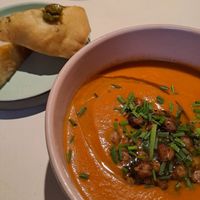 Paprika soup with focaccia at Vegan Restoran V in Tallinn