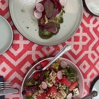 Beetroot ravioli and watermelon feta salad   at Vegan Restoran V in Tallinn